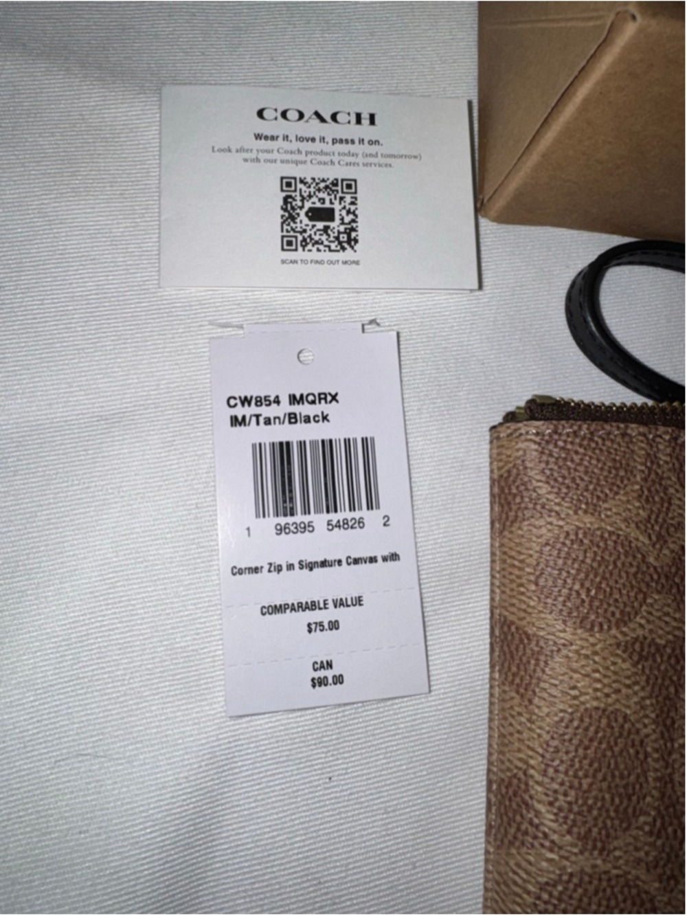 NWT Coach Corner Zip Wristlet Signature Canvas Tan Black Wallet Pouch - Picture 2 of 7